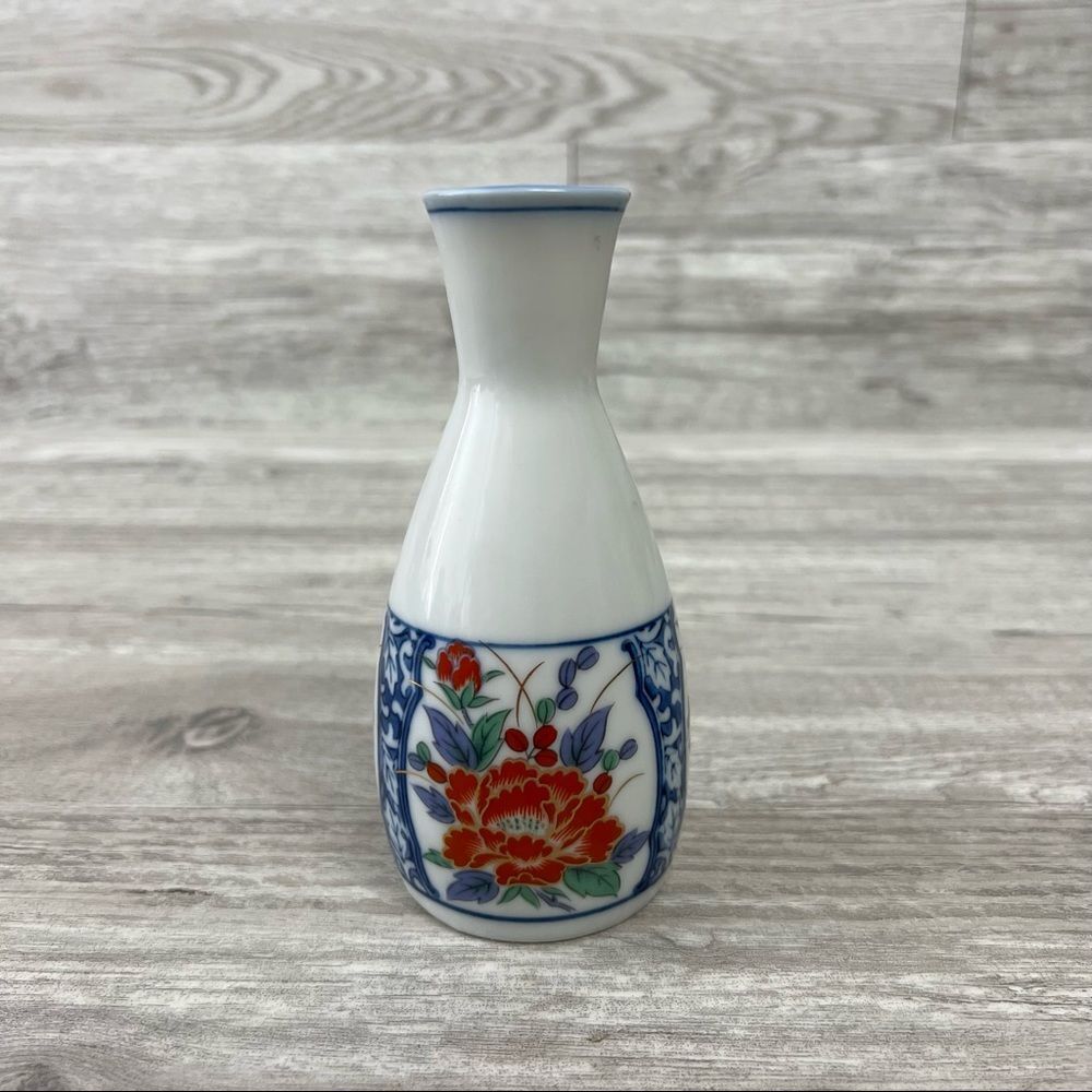 Otagiri Vintage Japanese Sake Bottle White Blue Red & Gold Floral Decanter